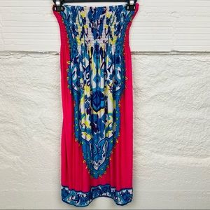 MLJY pink & blue floral strapless scrunchy mini dress / swim cover size XS/S